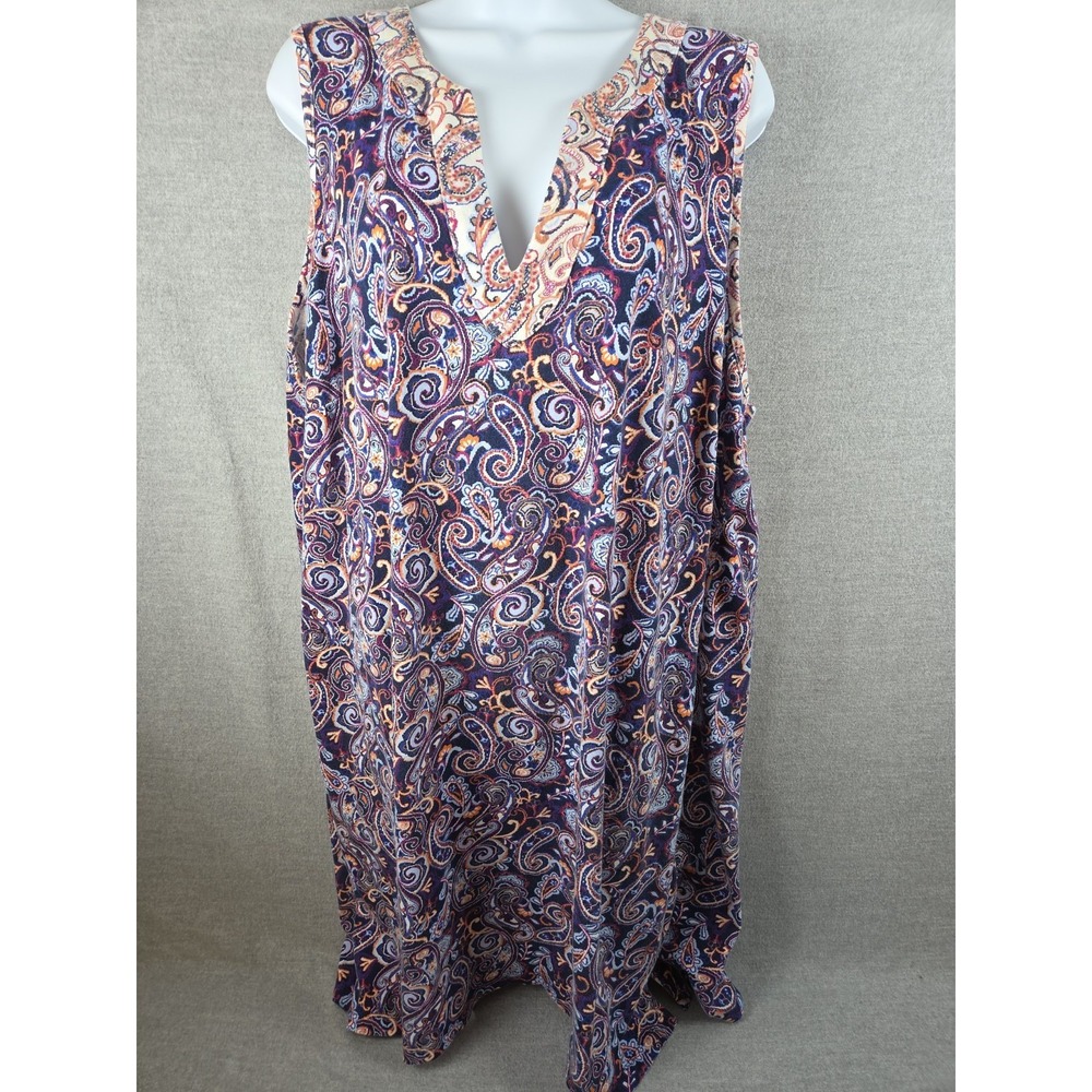 Lands End Dress 2X Pink Blue Paisley Knit Sleeveless V Neck Midi Cover Up Beach